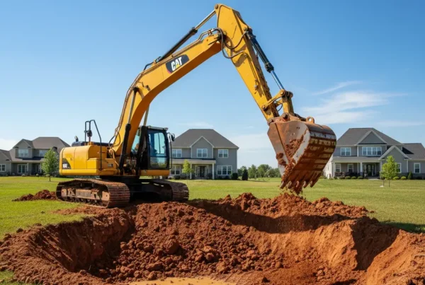 Excavator digging a new backyard pond in a suburban Delaware County, Ohio neighborhood.