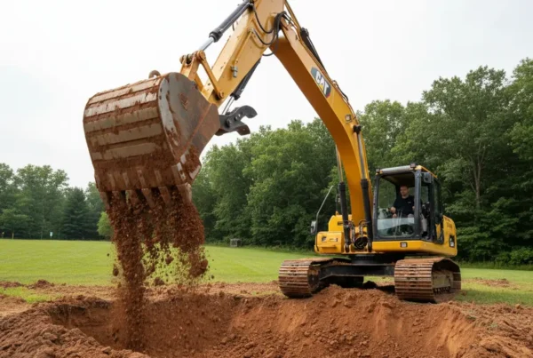 Excavator digging a new pond in Franklin County, Ohio, showing heavy clay soil.