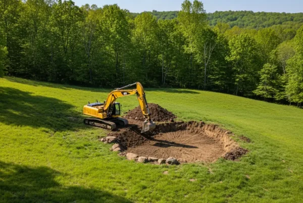 Excavator digging a new pond on a scenic, hilly property in Fairfield County, Ohio.