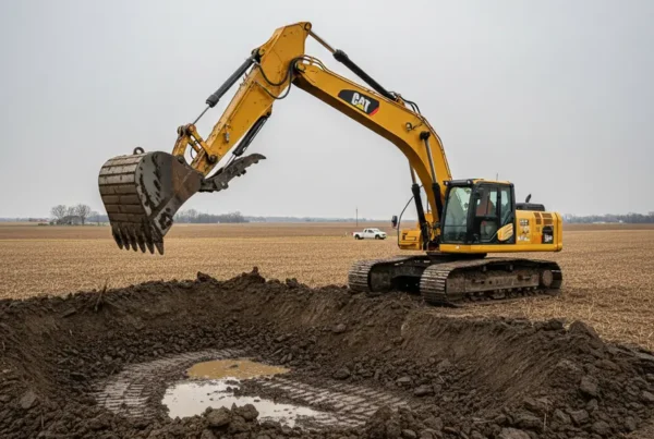 A yellow excavator digging a new pond in a rural field in Union County, Ohio.