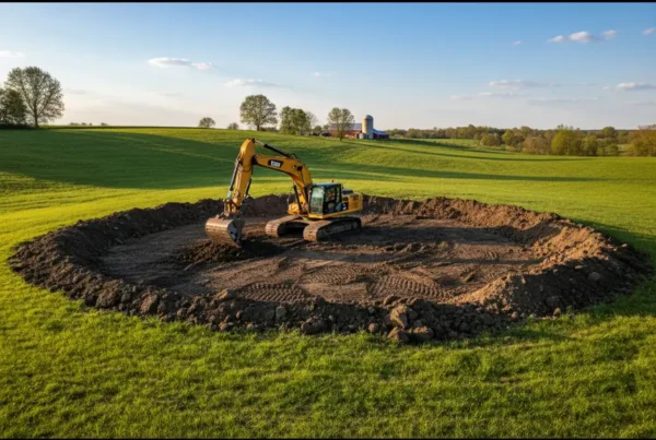 Excavator digging a new pond on a rolling green hill in Licking County, Ohio.