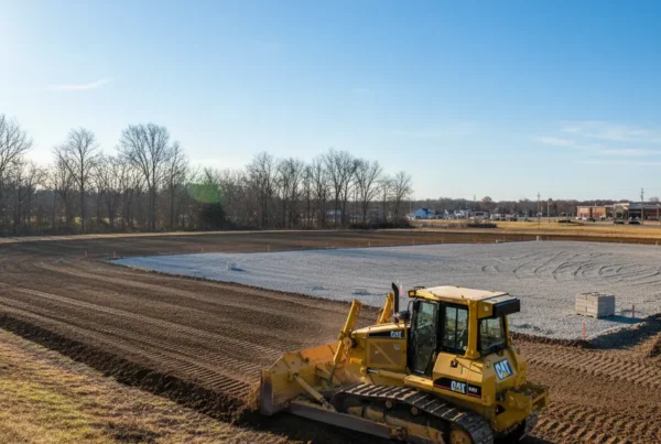 Yellow bulldozer performing dirt work and grading on a Central Ohio construction site.