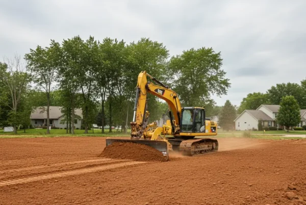 Excavator performing dirt work and grading on a flat residential lot in Hebron, Ohio.