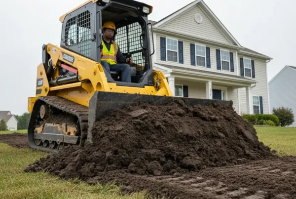 Contractor grading a residential lawn with heavy clay soil in Groveport, Ohio.
