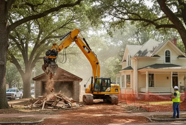 Excavator performing residential demolition on a wooded lot in historic Granville, Ohio.