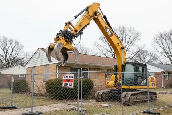 Excavator poised for residential house demolition in a Grove City, Ohio suburban neighborhood.