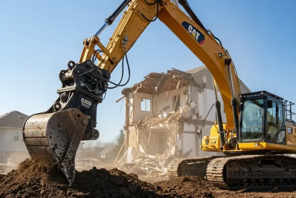 Excavator performing a residential demolition on a lot with heavy clay soil in Hilliard.