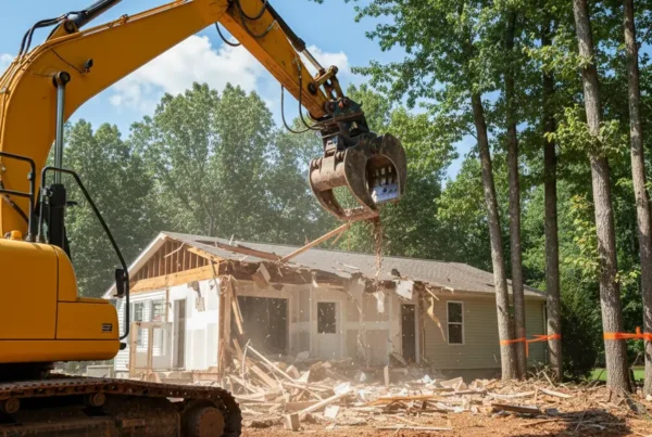 Excavator carefully demolishing a house in a wooded suburban lot in Lewis Center.