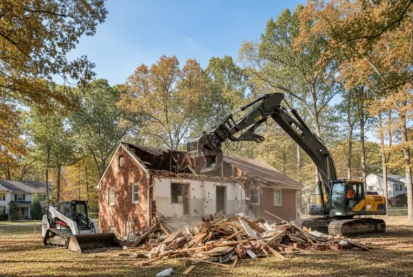 Excavator performing a residential demolition on a wooded property in Orange Township, Ohio.