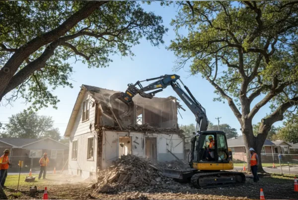 Compact excavator carefully demolishing a residential home on a small lot in Rushville, Ohio.