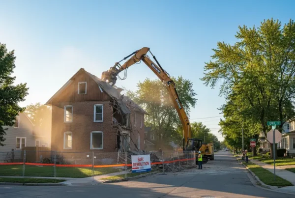 An excavator carefully demolishing an old house on a narrow residential street.