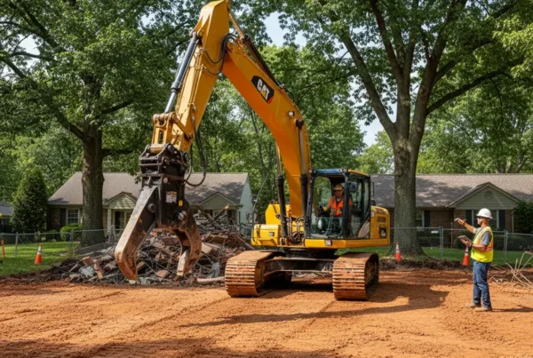 Excavator performing residential demolition on a lot with clay soil in Upper Arlington, Ohio.