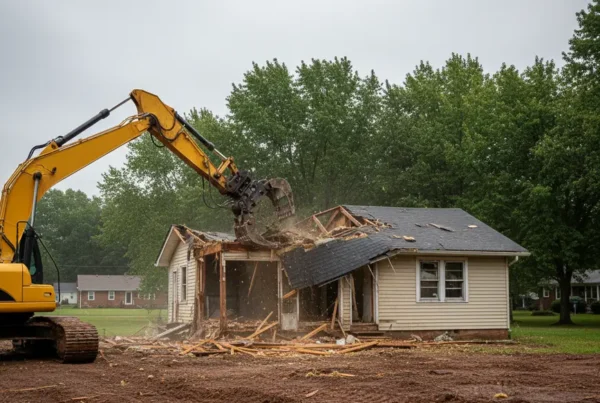 Excavator demolishing a residential house in a Galena, Ohio neighborhood with clay soil.