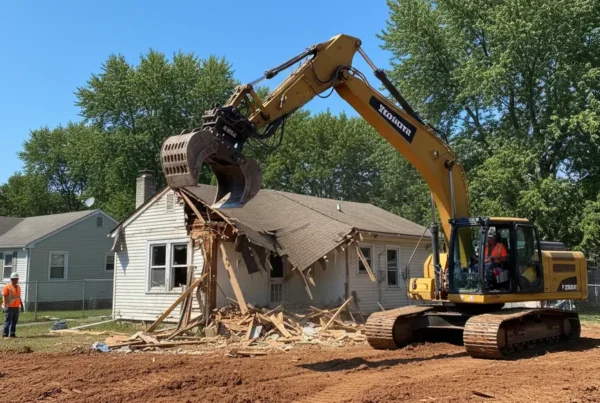 Excavator performing a residential house demolition on a lot with clay soil in Groveport.