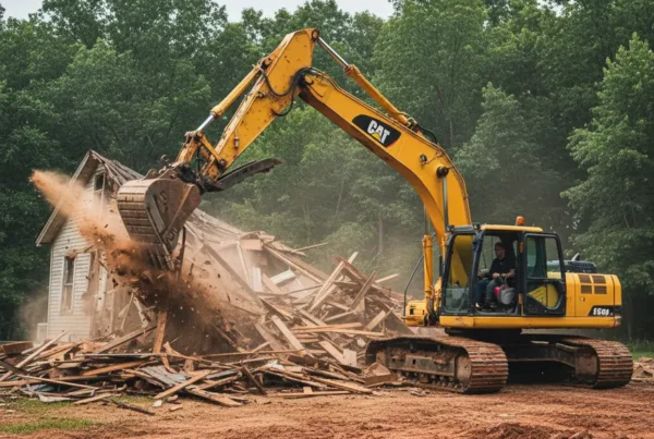 Excavator demolishing an old house on a lot with heavy clay soil in Ohio.