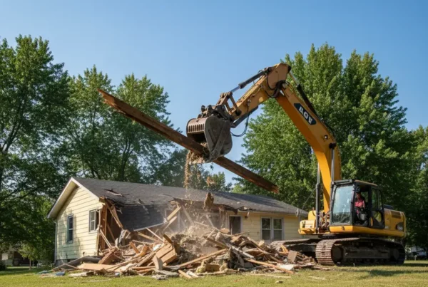 Excavator demolishing a suburban home on a rolling lawn in Pickerington, Ohio.