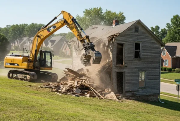 Excavator performing residential demolition on a steep, grassy hill in Lancaster, Ohio.