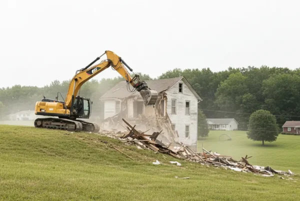 Excavator performing residential demolition on a steep, tree-lined hill in Hebron, Ohio.