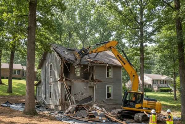 Excavator performing a precise demolition of a house on a wooded lot in Delaware, Ohio.