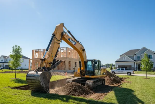 Excavator digging a new home foundation in a suburban New Albany, Ohio neighborhood.