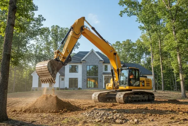 Excavator working on a residential lot with rolling terrain in Powell, Ohio.