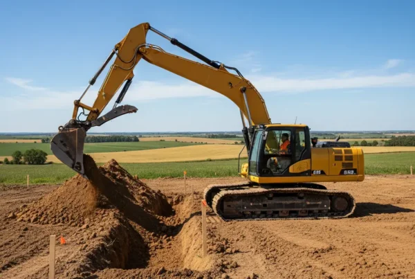 Excavator working on a residential construction site with rolling hills in Sunbury, Ohio.