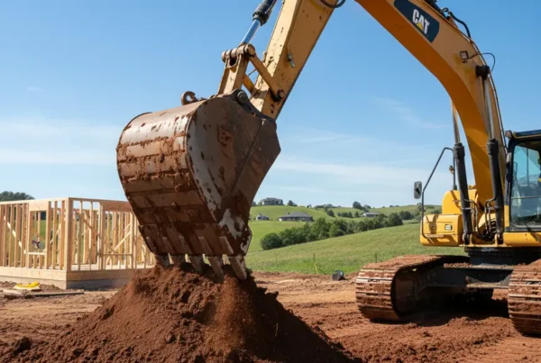 Excavator digging a foundation on a residential construction site in Delaware, Ohio.