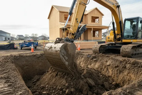 Excavator digging a foundation in heavy clay soil on a residential construction site.