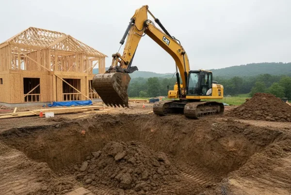 A track excavator digging a foundation in heavy clay soil at a residential site.