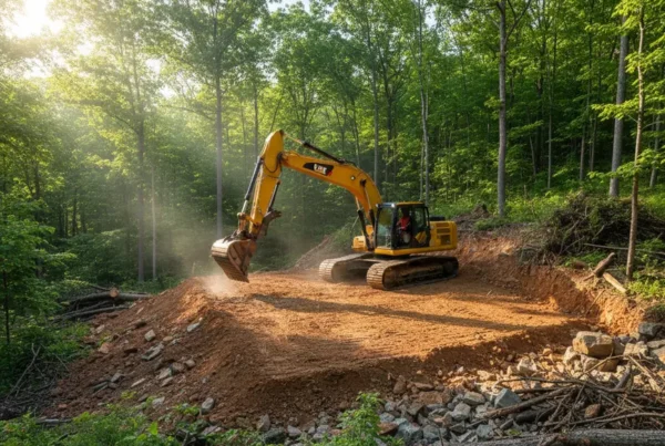 Excavator digging a foundation on a steep, wooded residential lot in Fairfield County, Ohio.