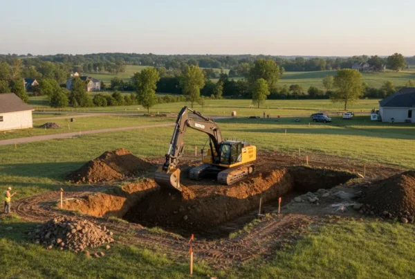 Excavator digging a home foundation on a sloped lot in Delaware County, Ohio.