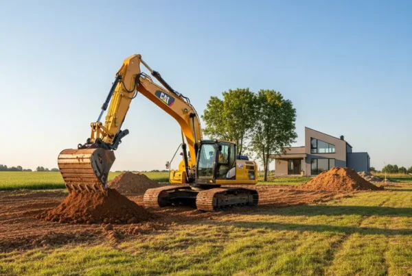 Excavator working on a residential property with rolling terrain in Pataskala, Ohio.