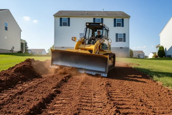 Compact bulldozer performing residential grading on a narrow lot with clay soil in Baltimore, Ohio.