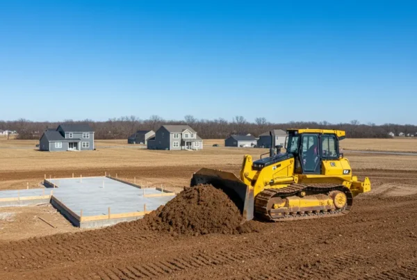Bulldozer performing residential grading on heavy clay soil in Union County, Ohio.