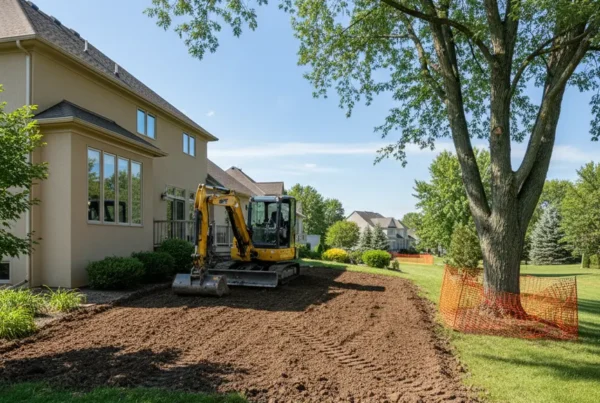 Compact excavator performing residential grading on a property in Dublin, Ohio with mature trees.