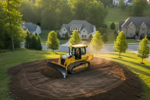 Bulldozer performing residential grading on a sloped yard with clay soil in Granville, Ohio.