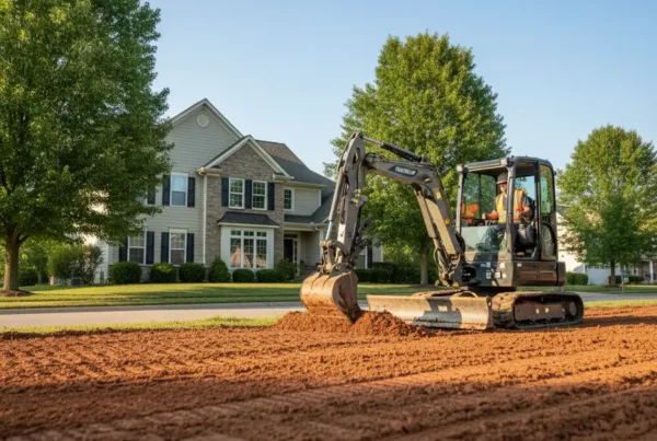 Compact excavator performing residential grading on clay soil in a New Albany, Ohio yard.