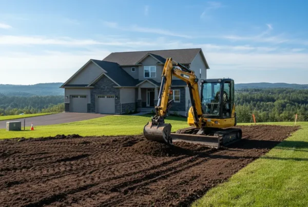 A mini excavator grading a residential lawn in Hanover, Ohio for proper drainage.