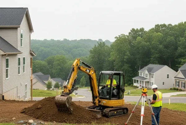 Professional crew using a compact excavator for residential grading on a rolling lot.