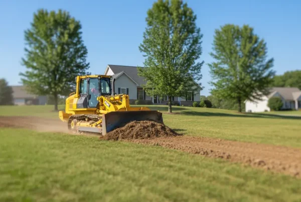 Bulldozer performing residential grading on a sloped lawn in Rushville, Ohio.