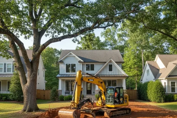 Excavator performing residential grading on a clay lot with mature trees in Upper Arlington.