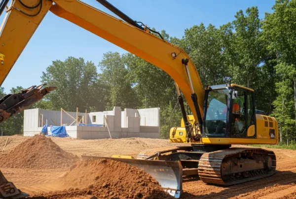Excavator performing residential grading on a clay soil lot in Amanda, Ohio.