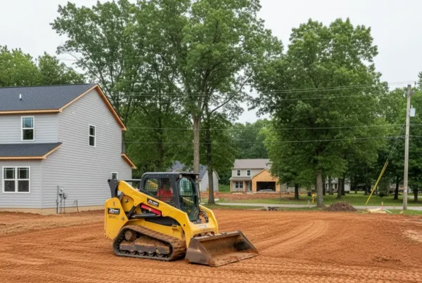 Compact skid steer performing residential grading on a tight lot with clay soil in Richwood.