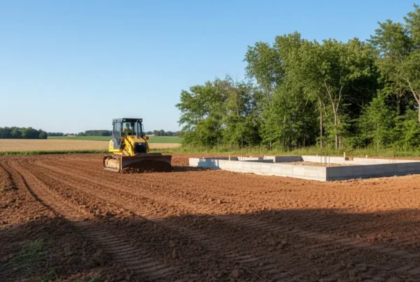 A compact bulldozer performing residential grading on a flat, rural property in Milford Center.