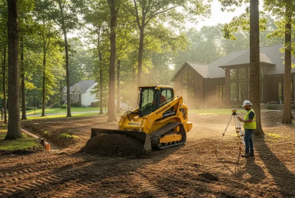Compact bulldozer performing residential grading on a rolling, wooded lot in Gahanna, Ohio.