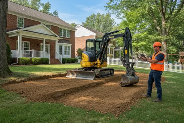 Mini excavator performing residential grading on a sloped backyard in Grandview Heights, Ohio.