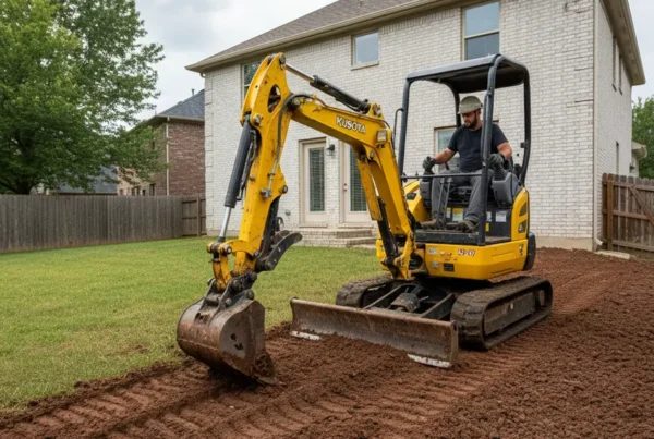 Mini-excavator performing residential grading on a clay soil lot in Canal Winchester, Ohio.