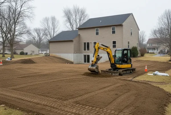 Compact excavator performing residential grading on a property with clay soil in Lithopolis, Ohio.