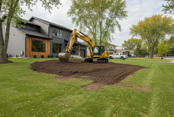 Excavator performing residential grading on a sloped backyard in Orange Township, Ohio.