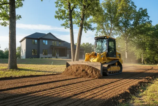 Small bulldozer performing residential grading on a sloped yard in Hebron, Ohio.